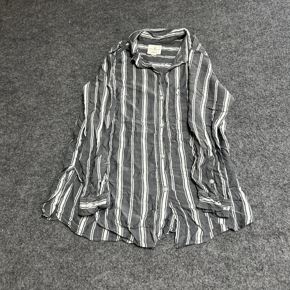 American Eagle Button Down Womens Small Gray White Striped Oversized Fit Rip